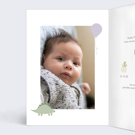 Faire part naissance Dinosaure Mignon Intérieur Gauche