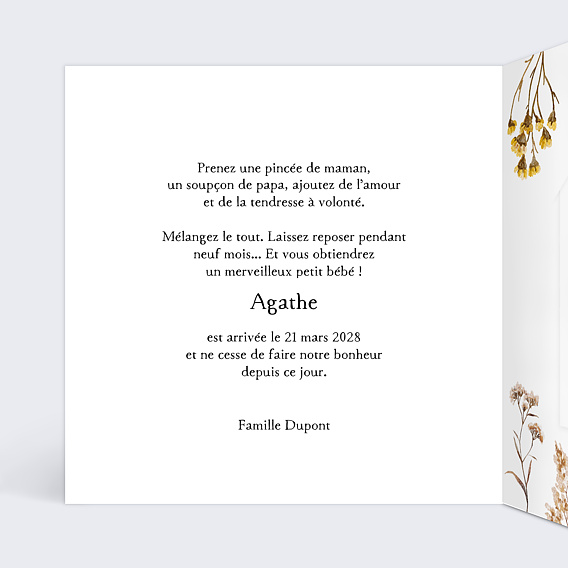 Faire part naissance Bouquet Sauvage Graines Intérieur Gauche