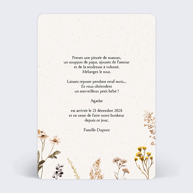 Faire-part Naissance Bouquet Sauvage Verso