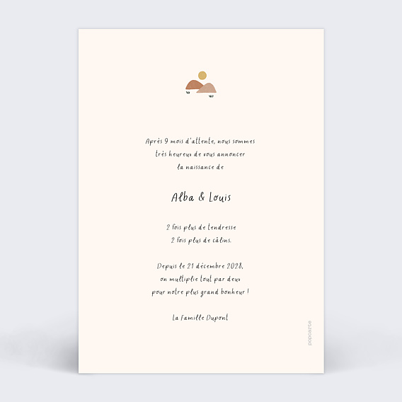 Faire part naissance Jumeaux Jungle Verso