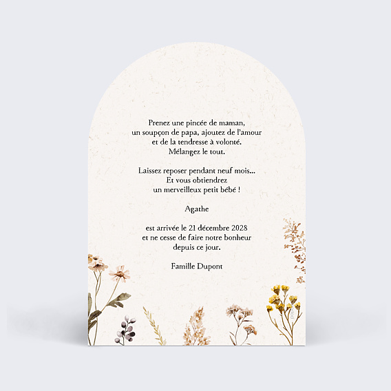 Faire part naissance Bouquet Sauvage Verso