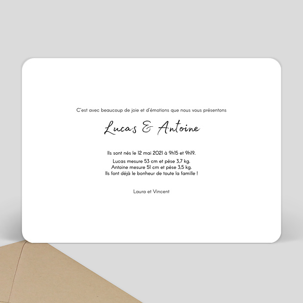 Faire-part de naissance Charme classique jumeaux Verso