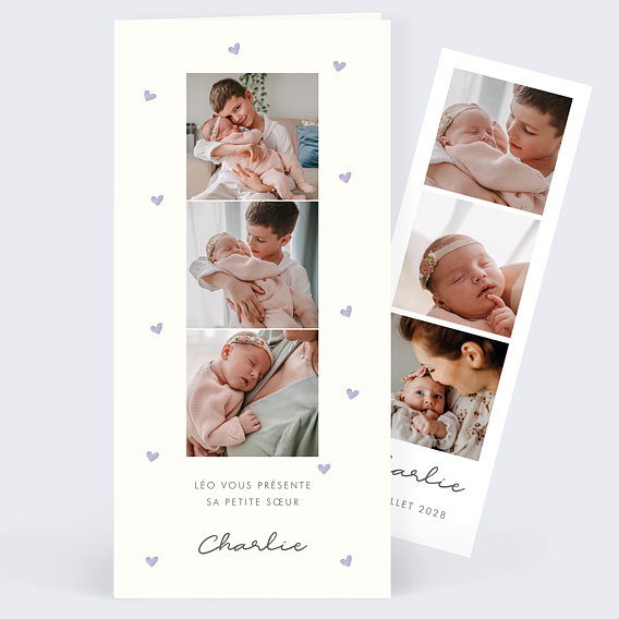 Faire part naissance Motif Coeur Lilas
