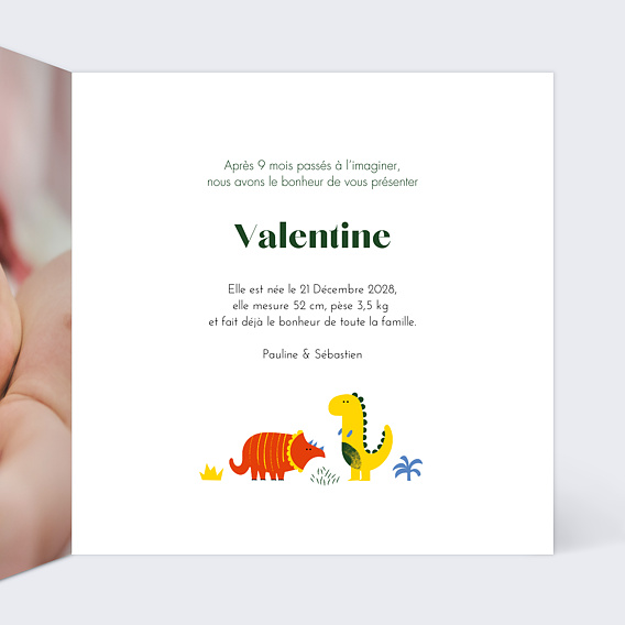 Faire part naissance Dinosaures Mignons Intérieur Droit