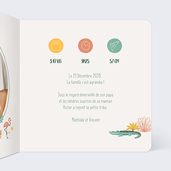 Faire part naissance Lettrine Jungle Intérieur Droit