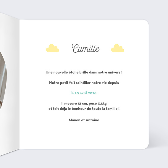 Faire part naissance Nuages Doux Intérieur Droit