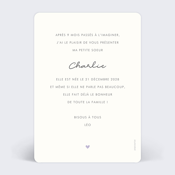 Faire part naissance Motif Coeur Lilas Verso