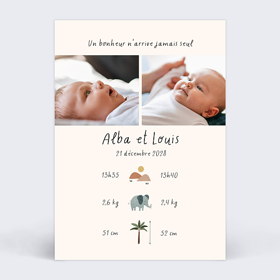 Faire part naissance Jumeaux Jungle Recto