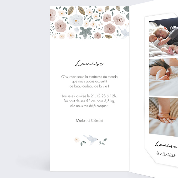 Faire part naissance Frise Fleurie Intérieur Gauche