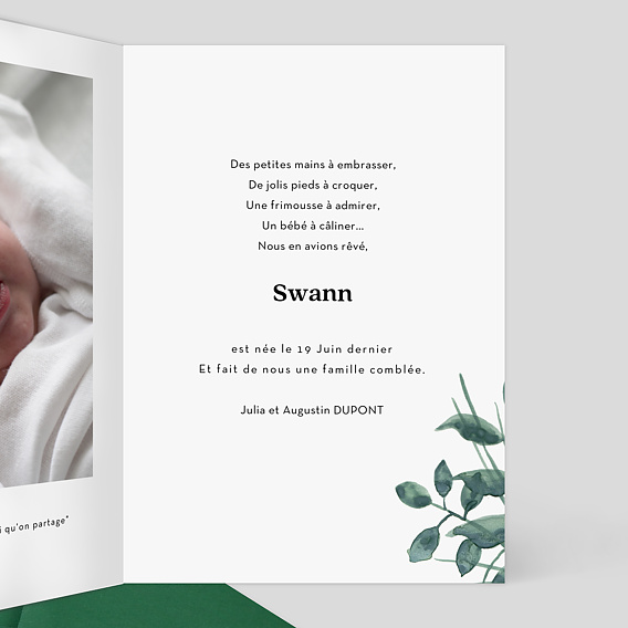 Faire part naissance Mélange de feuilles  Intérieur Droit