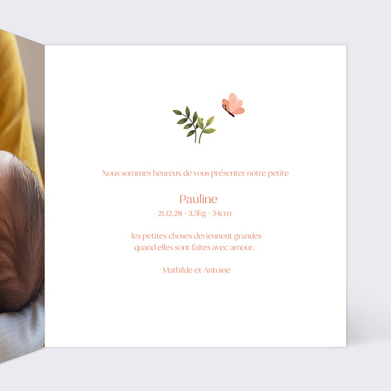 Faire part naissance Papillon Rose Intérieur Droit