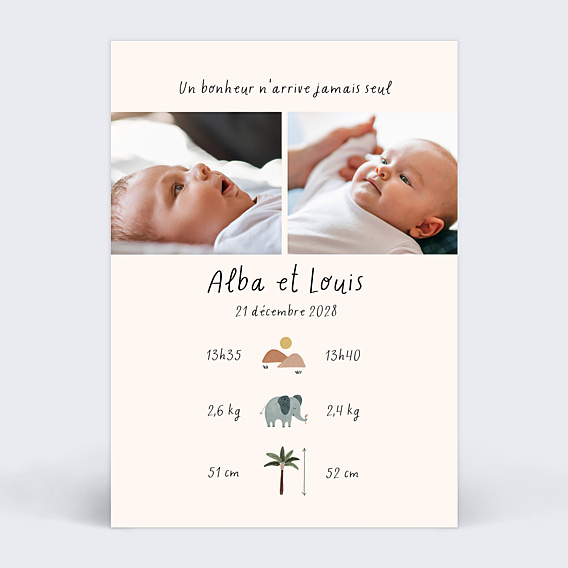 Faire-part Naissance Jumeaux Jungle