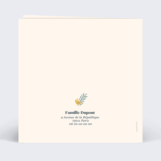 Faire part naissance Mésange Couronne Verso