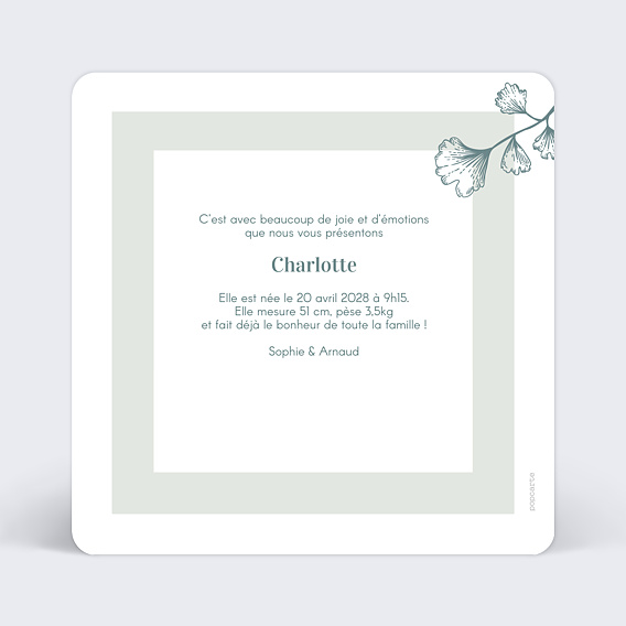 Faire part naissance Botanique Simple Verso