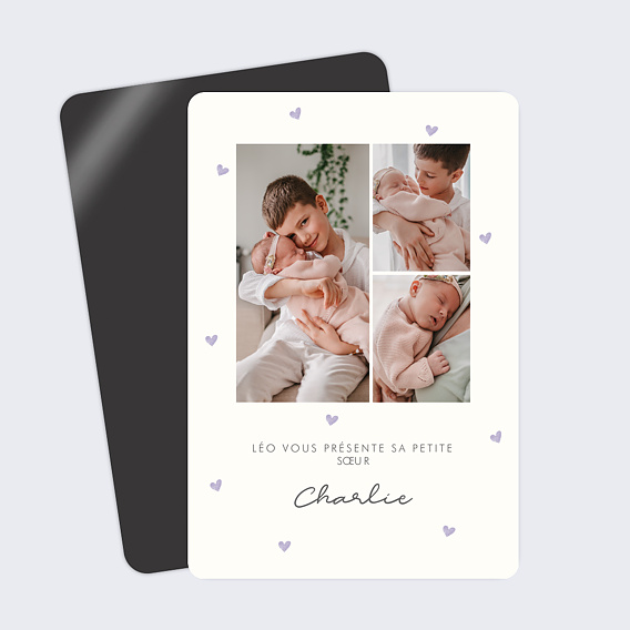 Faire part naissance Motif Coeur Lilas