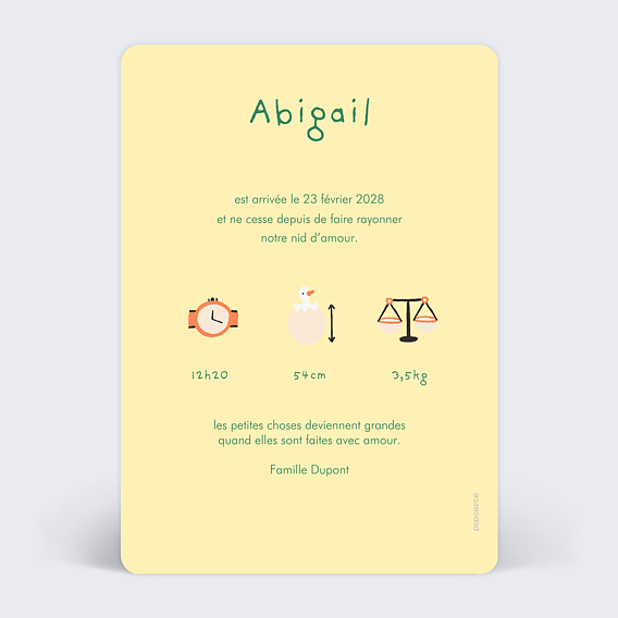 Faire part naissance Éclosion Verso