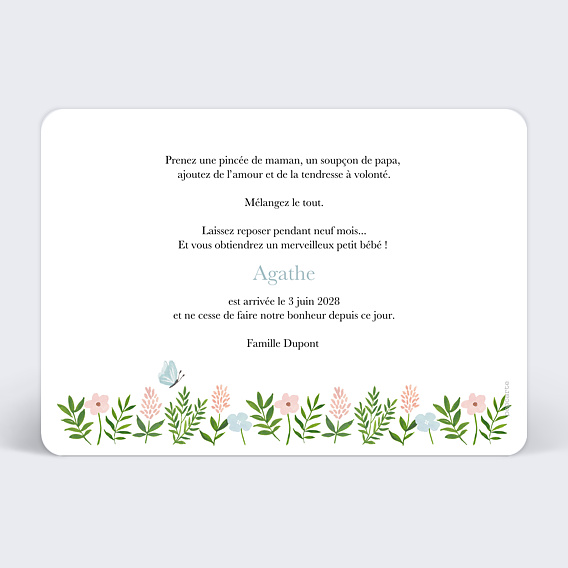 Faire part naissance Petit Lapin Verso