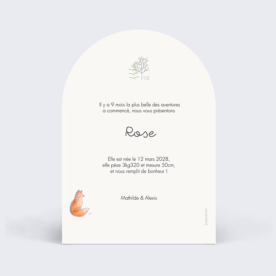 Faire part naissance Couronne renard Verso