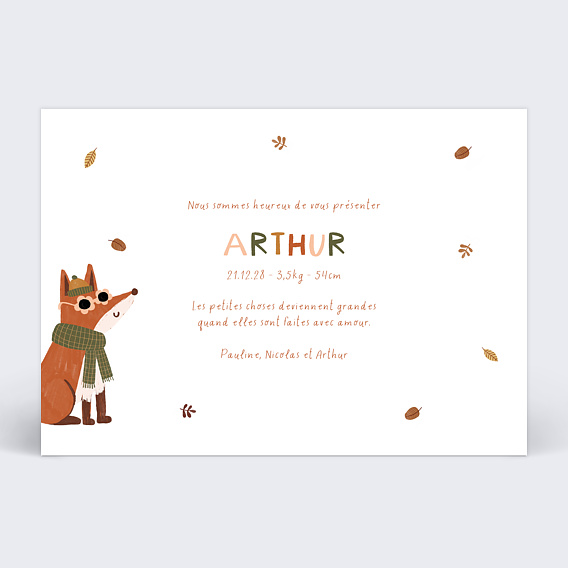 Faire part naissance Renard automne Verso