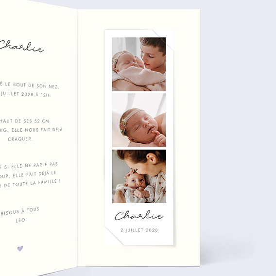 Faire-part Naissance Motif coeur lilas