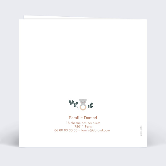 Faire part naissance Hochet Koala Verso