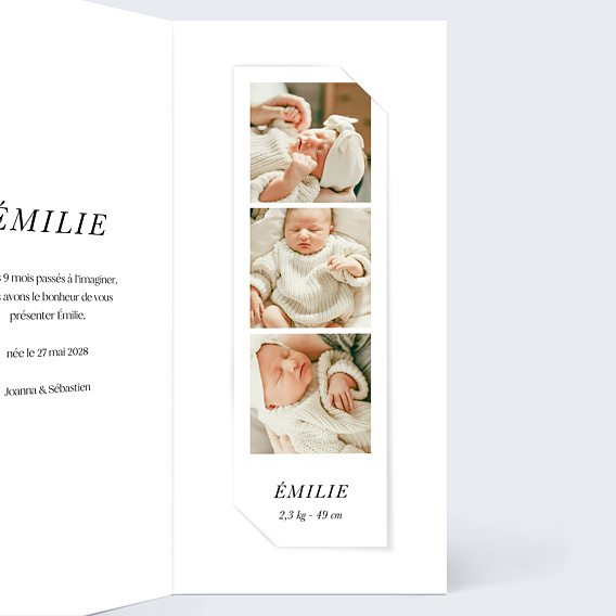 Faire part naissance Trois Photos Bébé Intérieur Droit