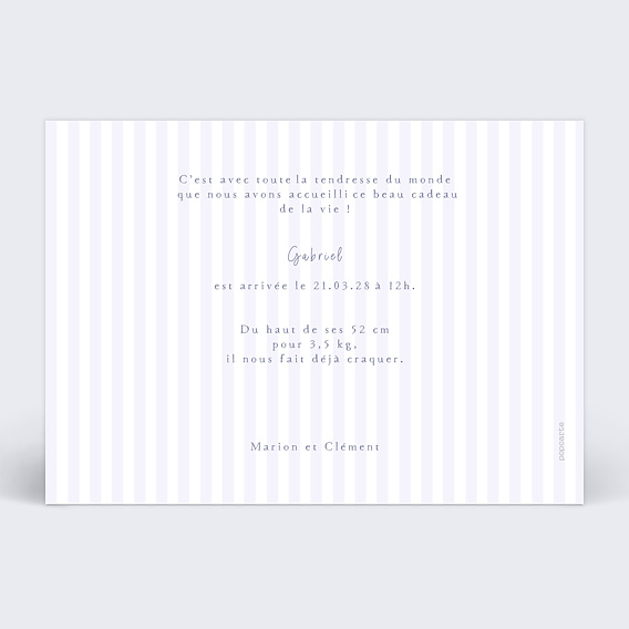 Faire part naissance Petit ourson rayé Verso