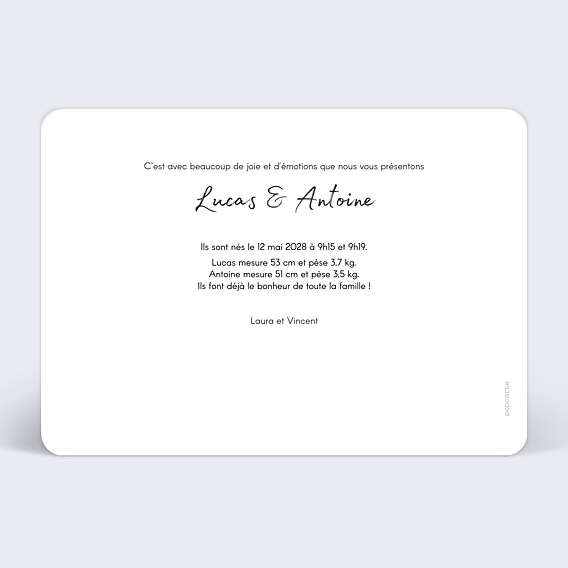 Faire part naissance Charme Classique Jumeaux Verso