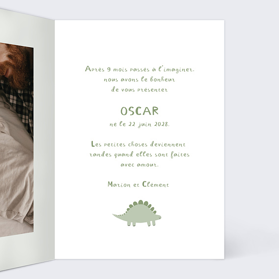 Faire part naissance Petit Dinosaure Intérieur Droit