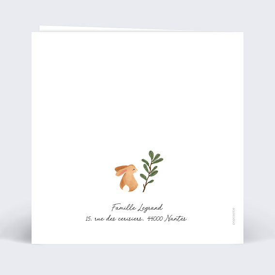 Faire part naissance Lapin Forêt Carré Verso