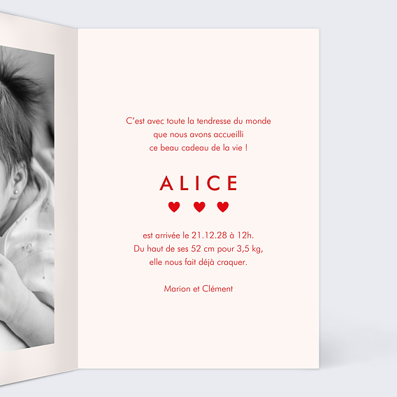 Faire part naissance Coeurs Intérieur Droit