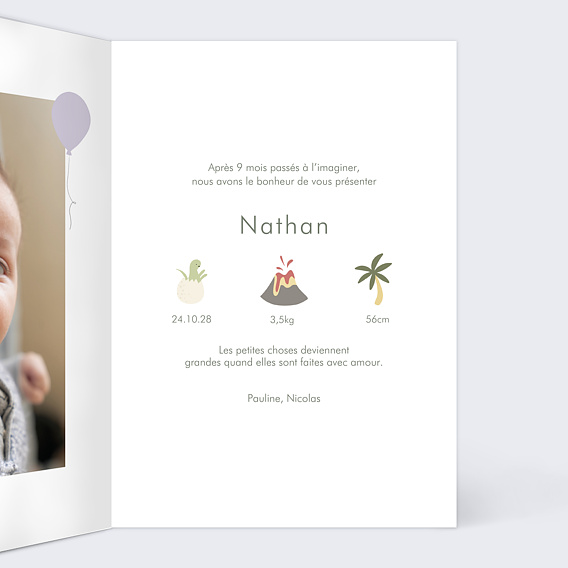 Faire part naissance Dinosaure Mignon Intérieur Droit