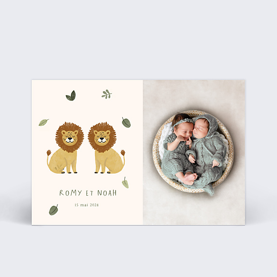Faire-part Naissance Petits Lions Jumeaux