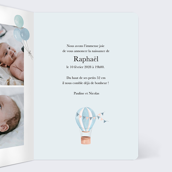 Faire part naissance Montgolfière et Animaux Intérieur Droit