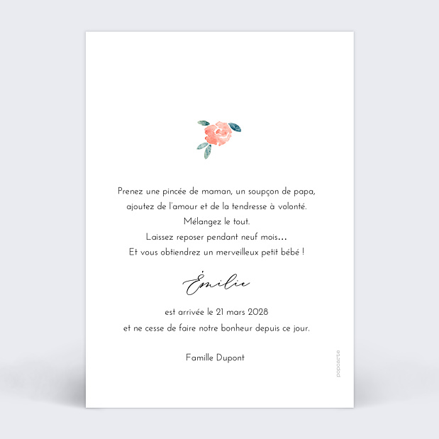 Faire-part Naissance Envolée Florale Verso