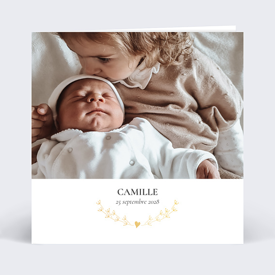 Faire part naissance Coeur Bucolique simple Recto