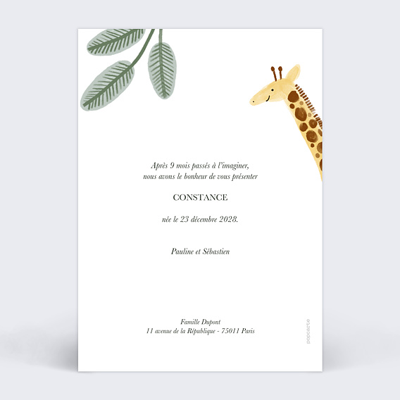 Faire part naissance Amis de la jungle Verso