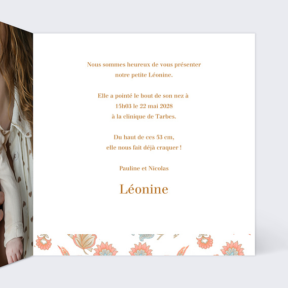 Faire part naissance Liberty bohème Intérieur Droit