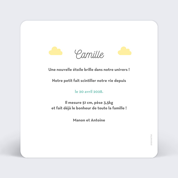 Faire part naissance Nuages Doux Verso
