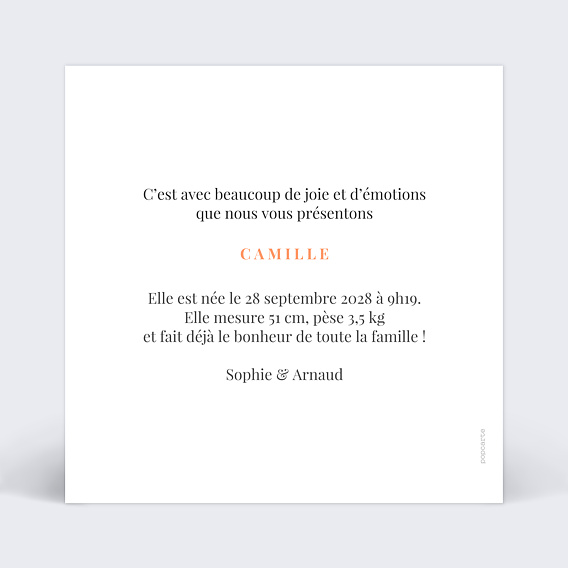 Faire part naissance Simplicité Grande Photo Verso