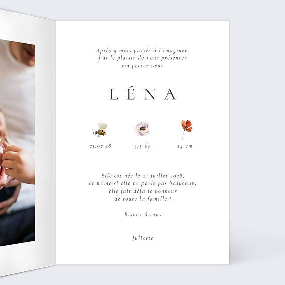 Faire part naissance Fleurs champs Intérieur Droit