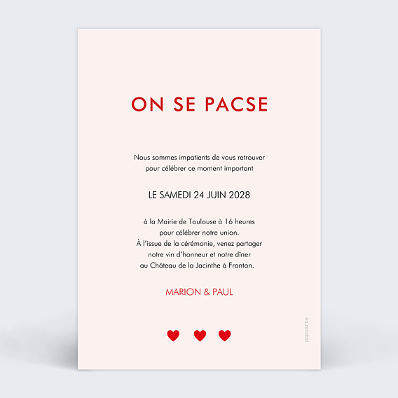 Faire part pacs 1001 Cœurs Verso