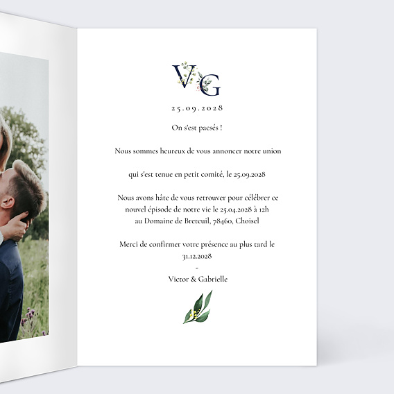 Faire part pacs Lettrines Botaniques Intérieur Droit
