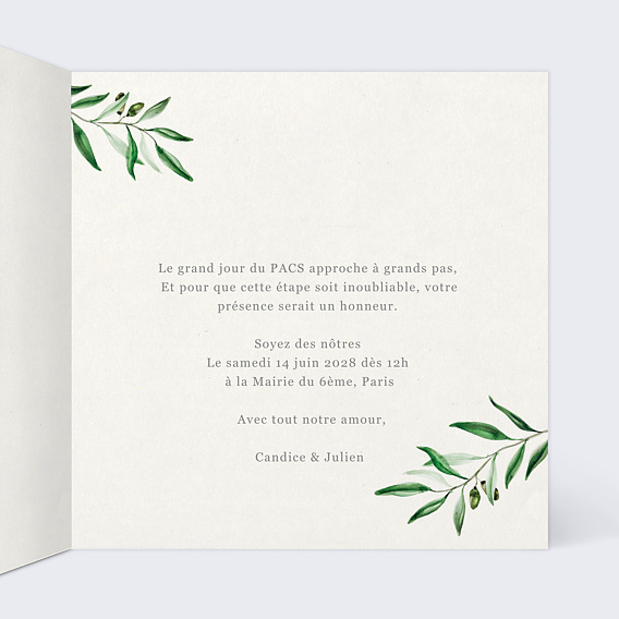 Faire part pacs Arche et Oliviers Intérieur Droit