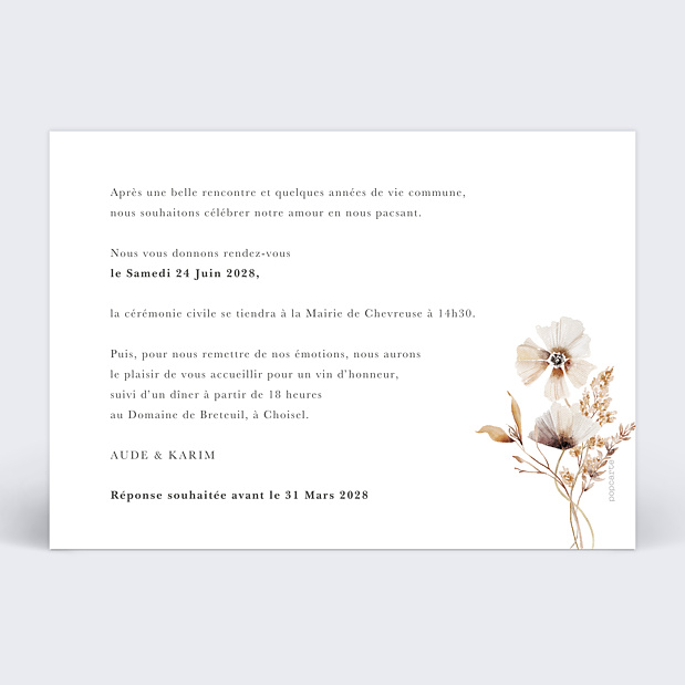 Faire-part Pacs Jardin Sauvage II Verso