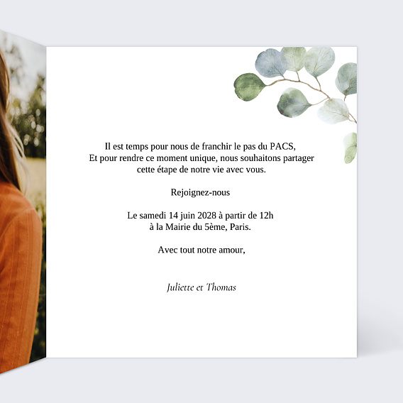 Faire part pacs Couronne Ocre Eucalyptus Intérieur Droit