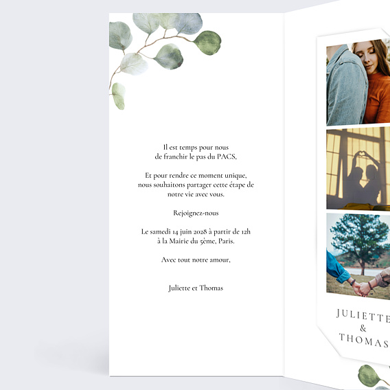 Faire part pacs Cadre ocre eucalyptus Intérieur Gauche