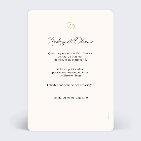 Carte félicitations mariage Alliances Minimaliste Verso
