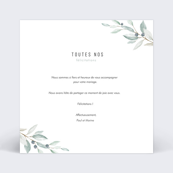 Carte félicitations mariage Couronne d'Oliviers Verso