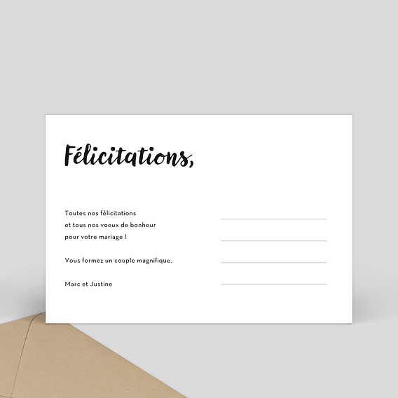 Carte félicitations mariage Cadre Blanc avec Coeur Verso